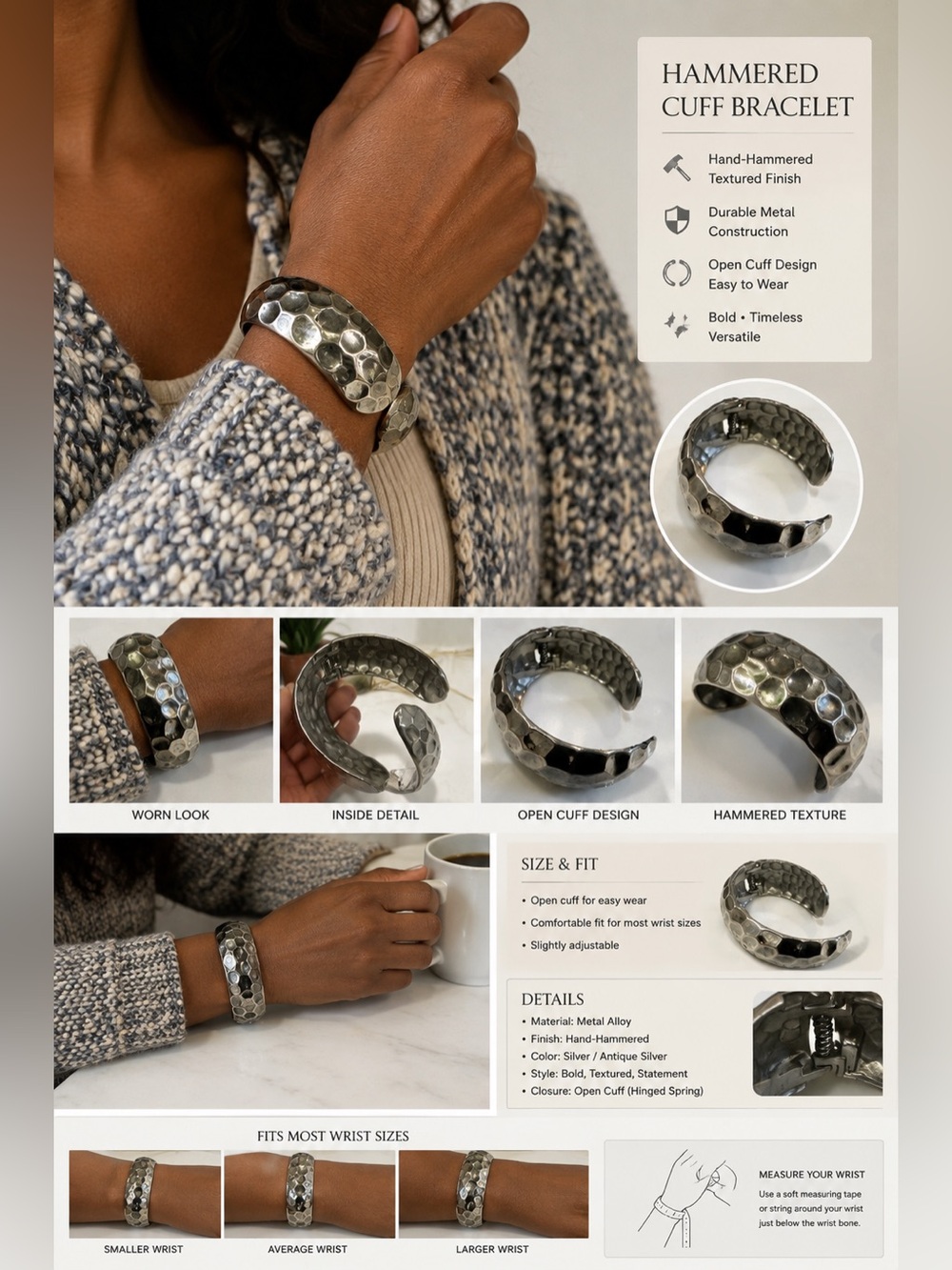Vintage Hammered Silver Tone Statement Bangle